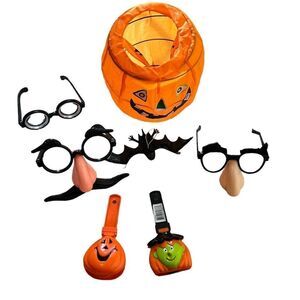 Halloween pumpkin, crazy glasses & noise makers.